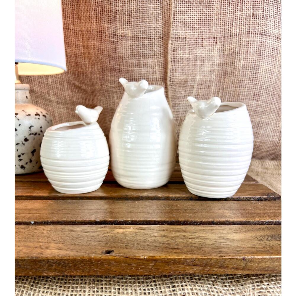 Set of 3 Beehive Shape Bird Motif Indoor Planters/Trinket Bowls~Ceramic